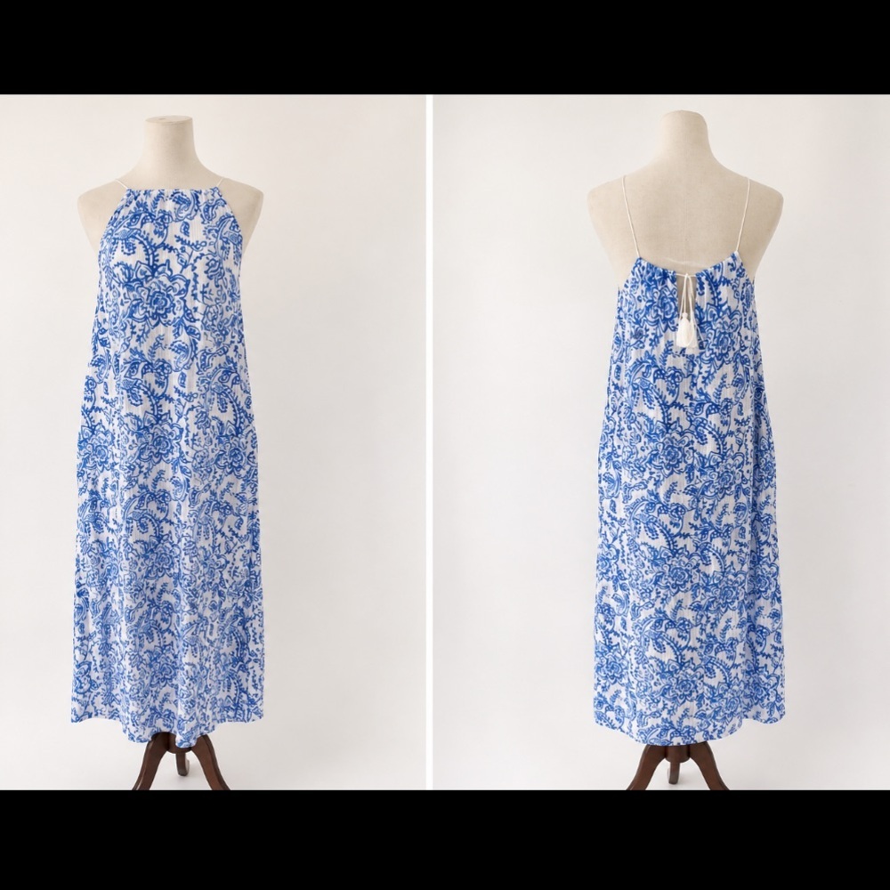 NWT Caroline Constas Blue and White Paisley Linen Blend Long Tie Dress
